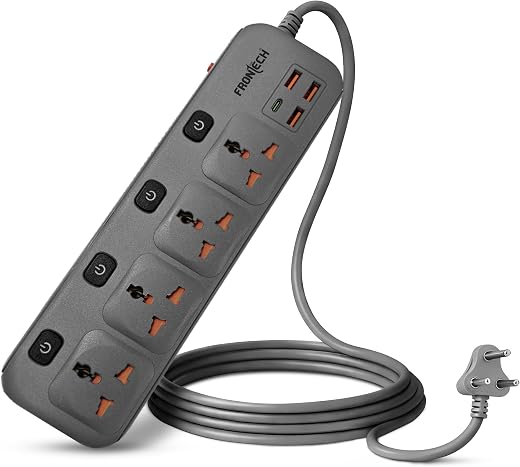 FRONTECH Power Extension Socket | 2500W Heavy Duty Extension Board with 4 Universal Sockets, 3 USB-A + 1 USB-C Ports, Indi...