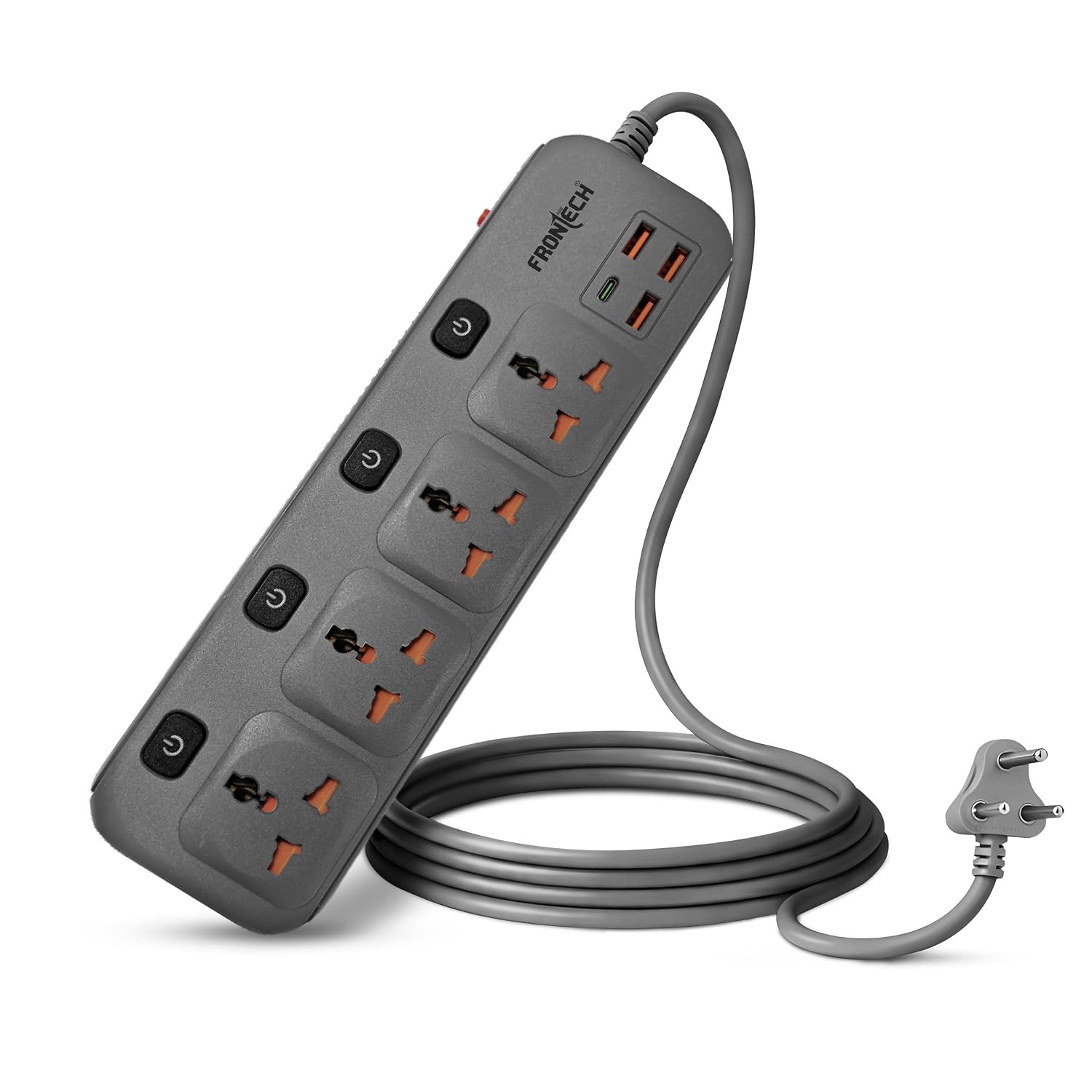 FRONTECH Power Extension Socket | 2500W Heavy Duty Extension Board with 4 Universal Sockets, 3 USB-A + 1 USB-C Ports, Indi...