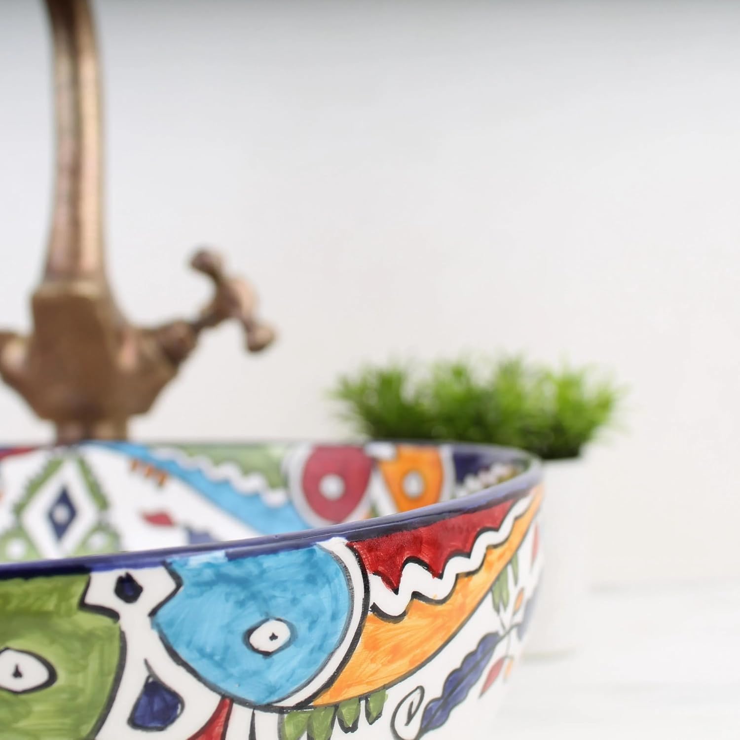 Handmade Oval Ceramic Vessel Sink for Bathroom Vanity – 16'' Hand Painted Countertop Above Counter Lavatory Basin, Artisanal Farmhouse Decorative Cabinet Sink