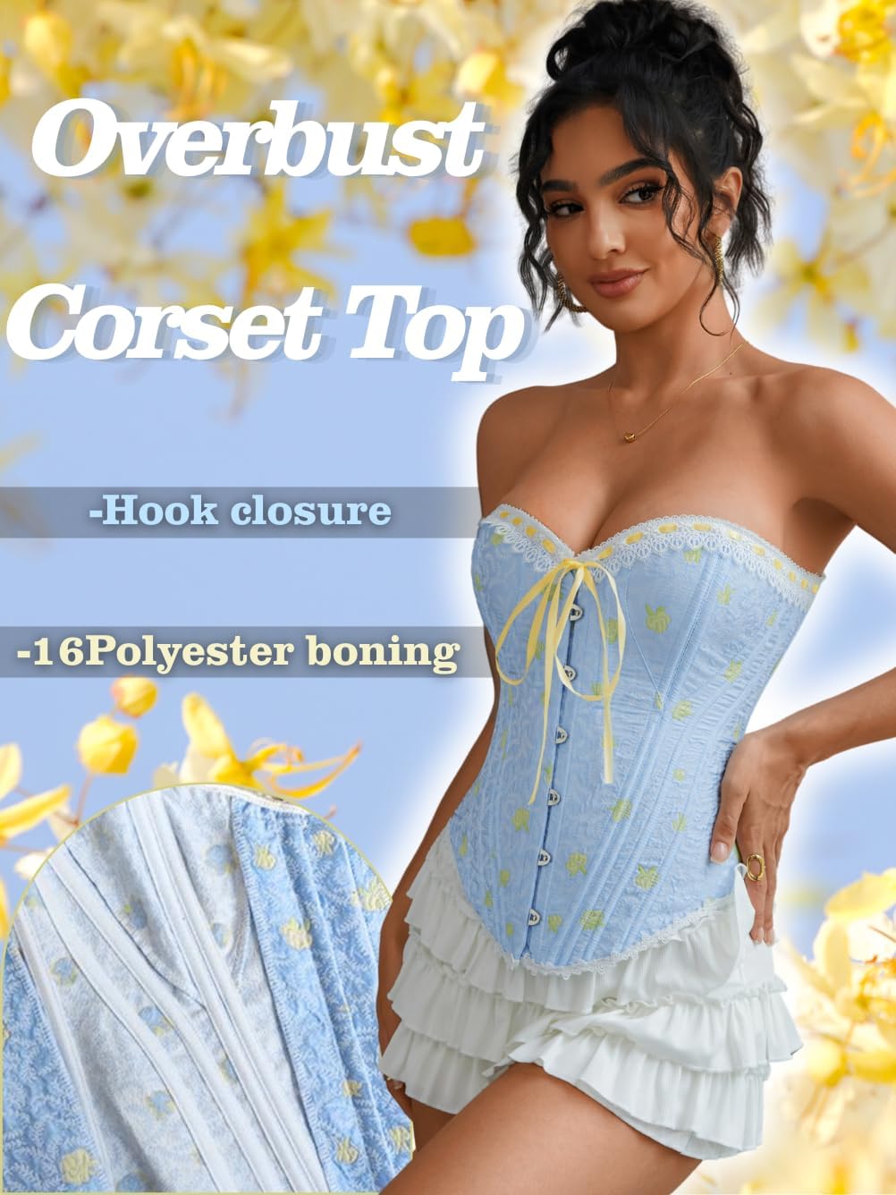 ChiaoLezhee Floral Victorian Corset with 16 Steel Bones, Princess Overbust Lace Up, Boned Shapewear Bustier Top For Women