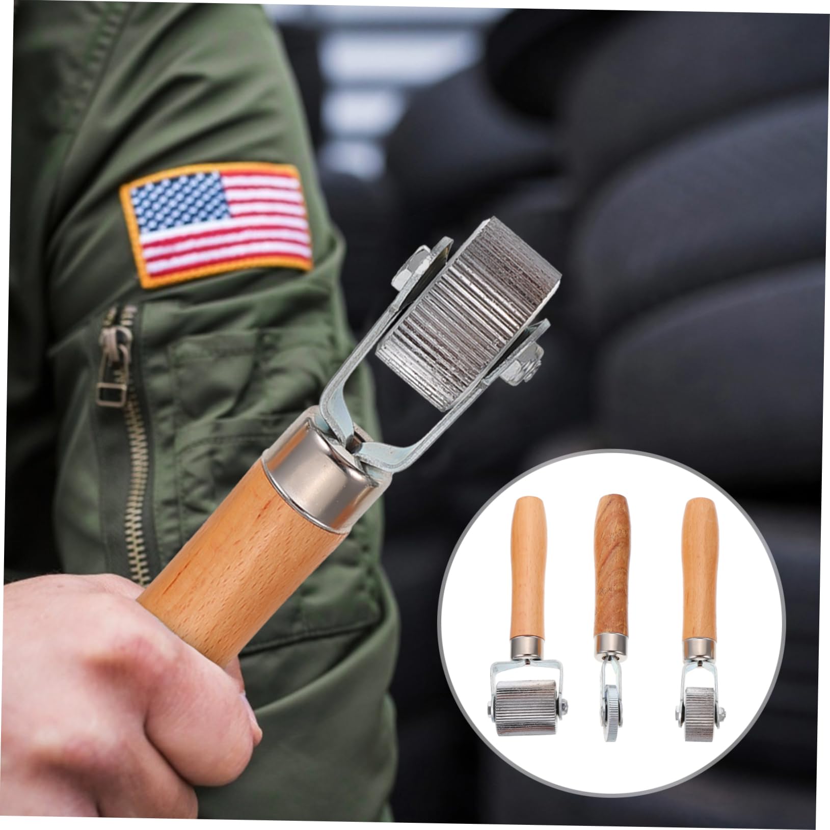 SOLUSTRE Kit de Réparation de Pneus Voiture Rouleaux à Manche en Bois et Acier Léger et Portable 3 Pièces pour Réparation des Pneus