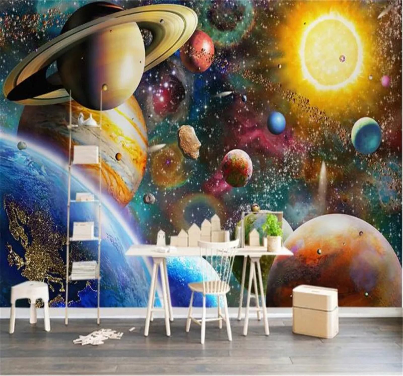 Tzxztt Three Dimensional Cartoon Aesthetic Planet Universe Modern 3D Wallpaper Premium Textured Silk Neutral Tones Material Ideal for Living Room Bedroom-350cm×256cm