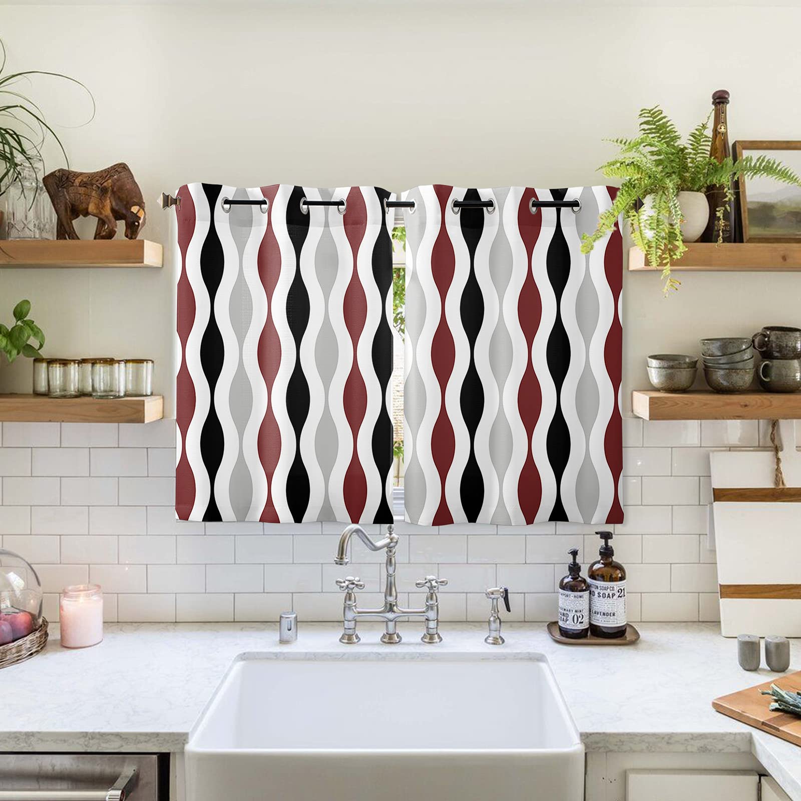 Semi Sheer Curtains 72 inches Long Mid-Century Modern Geometric Black Red  Gray Pattern Window Curtains & Drapes Grommet Top Privacy Curtain for ...