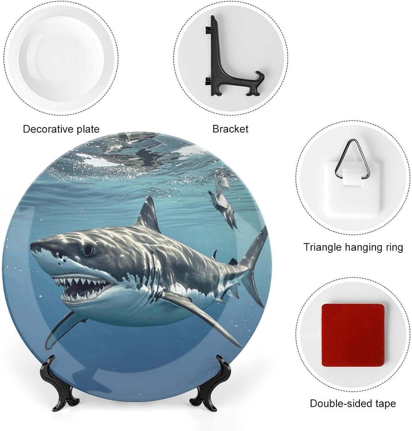 Ceramic Decorative Plate with Display Stand Round Porcelain Cool Shark Plate Ornaments Wall Hanging Decor Personalized Gifts for Kitchen Dining Home Office 8inch image 3