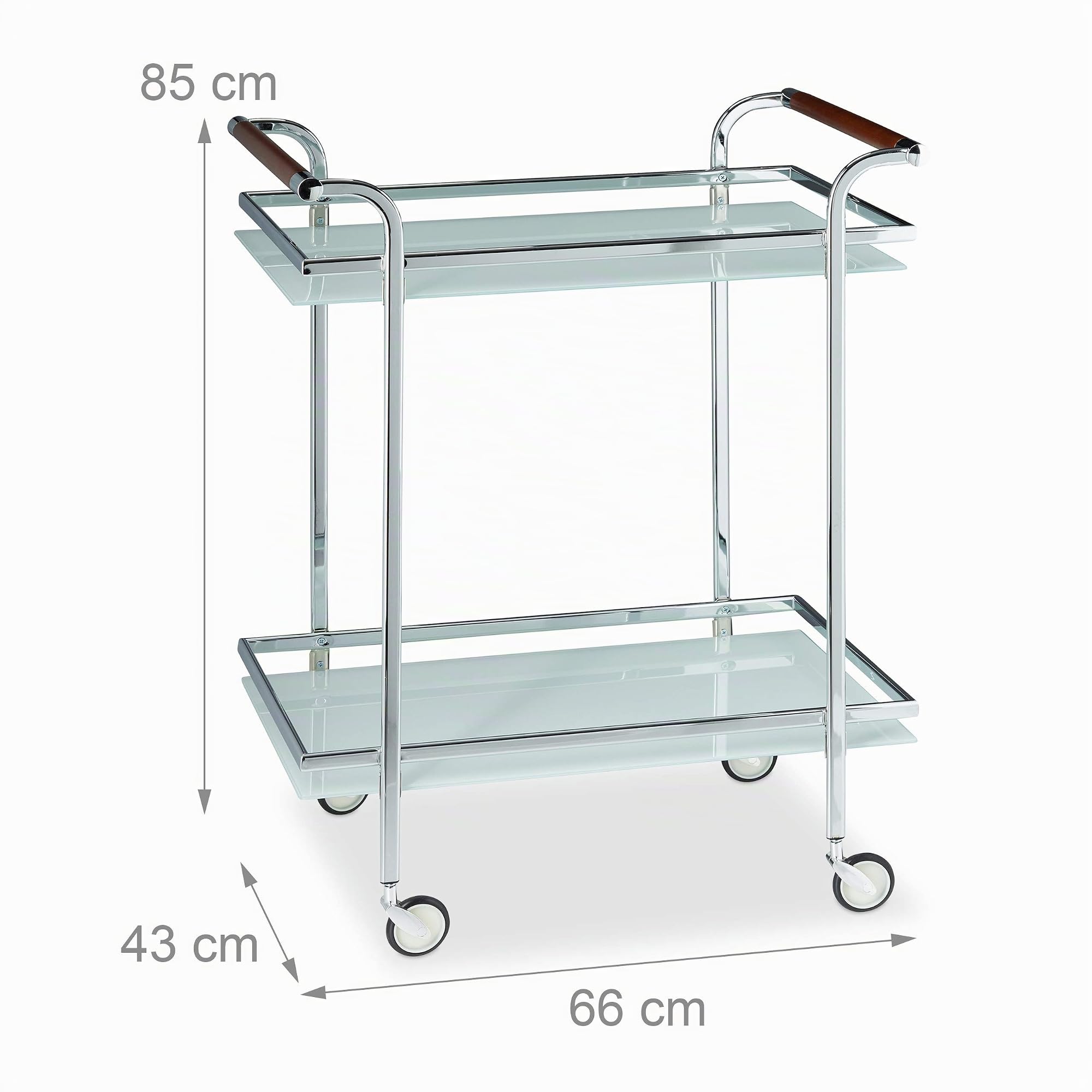 Relaxdays Carrello da Servizio in Vetro Opalino, Carrellino Portavivande con 2 Ripiani, a Vista, Elegante, HLP 85x66x43 cm, Argento