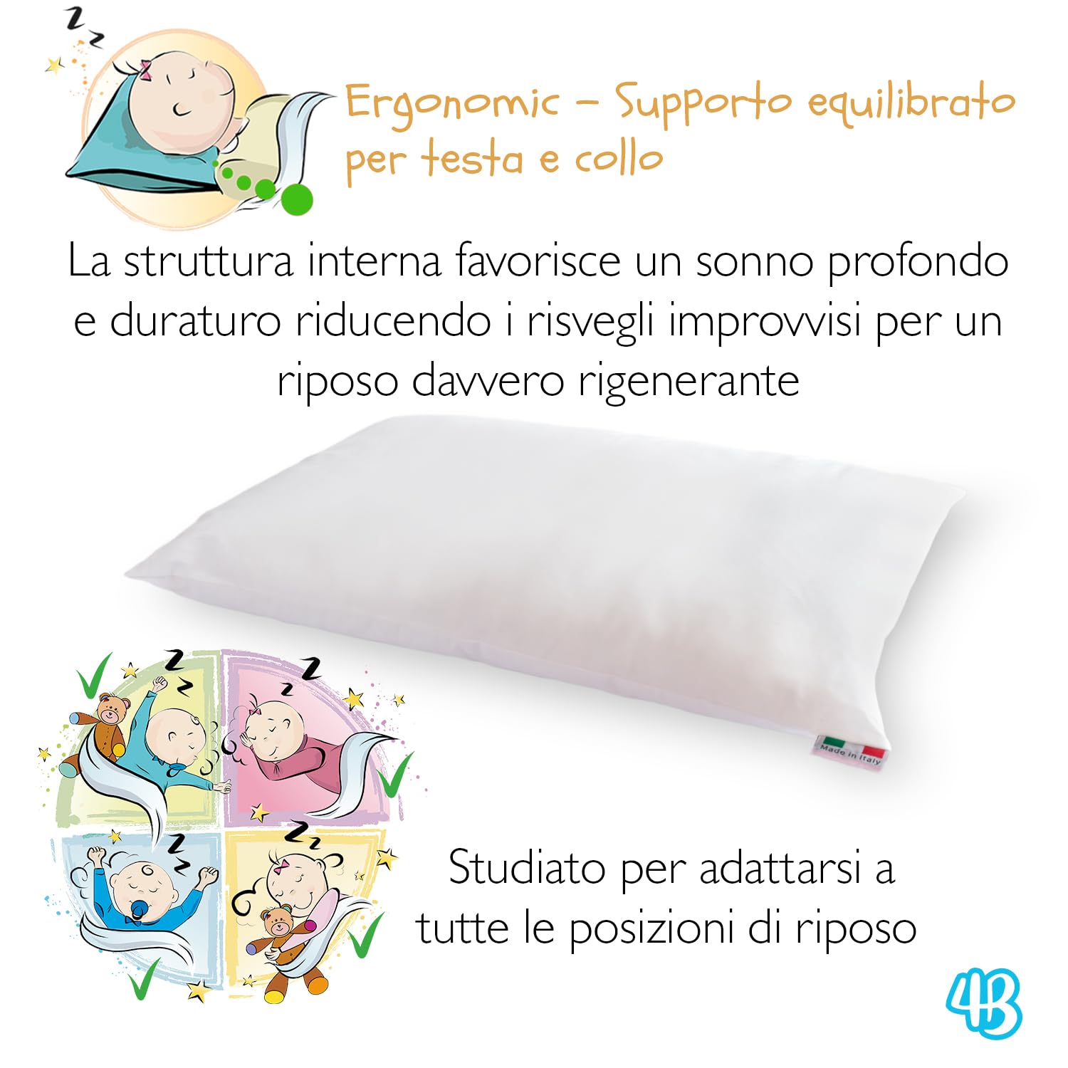 4BABIES - Cuscino Lettino Bambino 40x60, Cuscino per Bambini Traspirante Anallergico con rivestimento in Cotone 100% Italiano, Antiacaro Ipoallergenico per culla