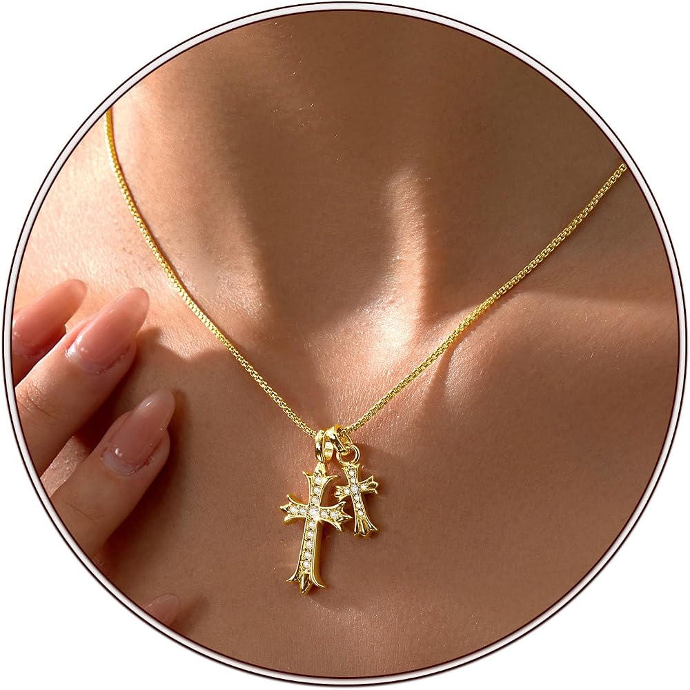 Partm Gold Cross Necklace for Women 14K Plated Dainty Pendant Cross Chain Faith Crucifix Choker Baptism Necklace for Women Trendy Religious Jewelry Hypoallergenic