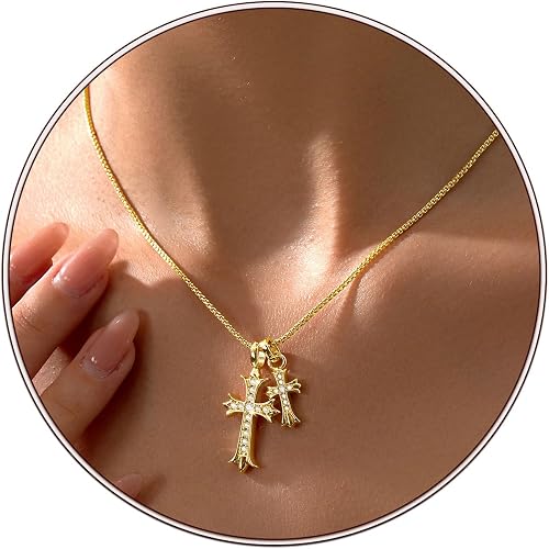 Partm Gold Cross Necklace for Women 14K Plated Dainty Pendant Cross Chain Faith Crucifix Choker Baptism Necklace for Women Trendy Religious Jewelry Hypoallergenic