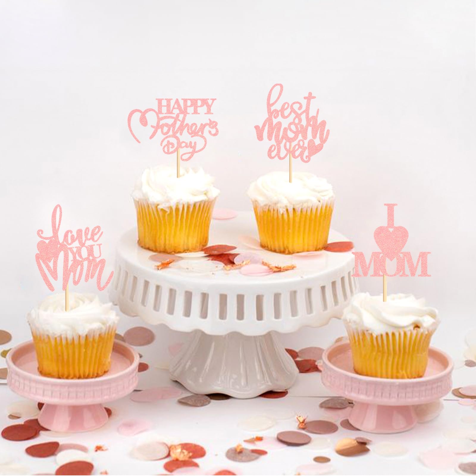 Blumomon 24Pcs Happy Mothers Day Cupcake Toppers Pink Glitter Mum's Day Love Mum Cake Toppers Rose Best Mom Cupcake Picks for Mother's Day Party Decorations - Image 3