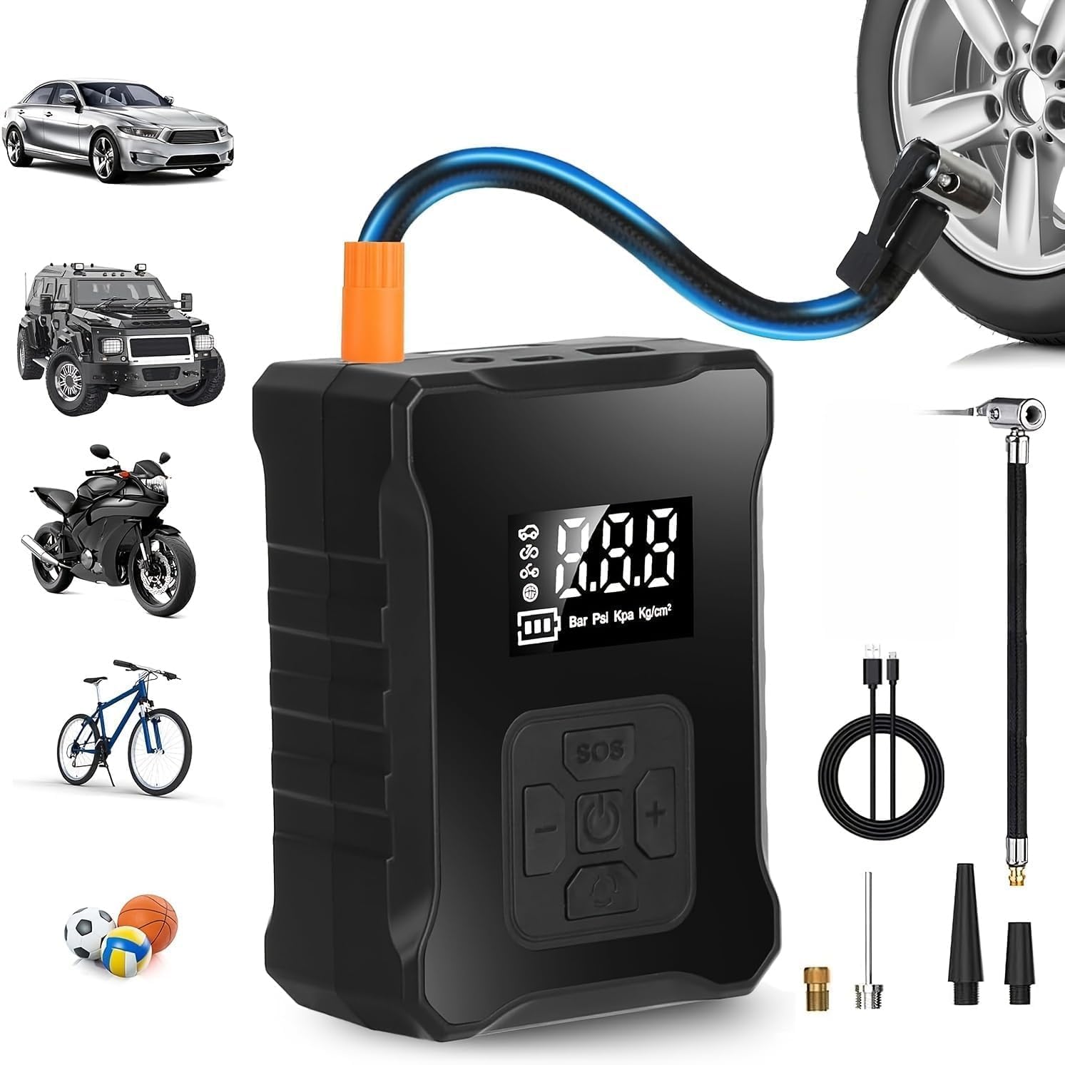 Cordless Tire Inflator, 150 PSI Portable Air Compressor with 4000mAh Battery, Auto Shut-Off Digital Pressure Gauge & LED Light for Car, Motorcycle, Bicycle & Balls