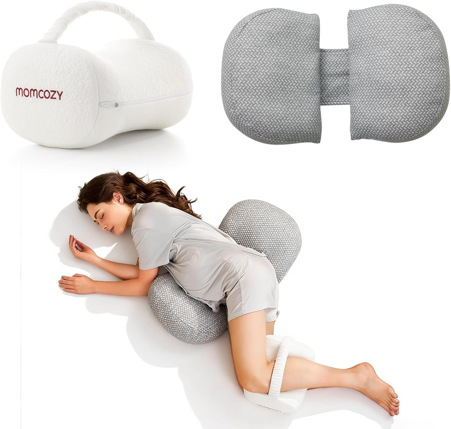 Momcozy Pregnancy Support Set: W-Shaped Pregnancy Pillow & Knee Pillow for Side Sleepers, Adjustable Straps, Soft Memory Foam for Back, Hip, Leg Pain Relief