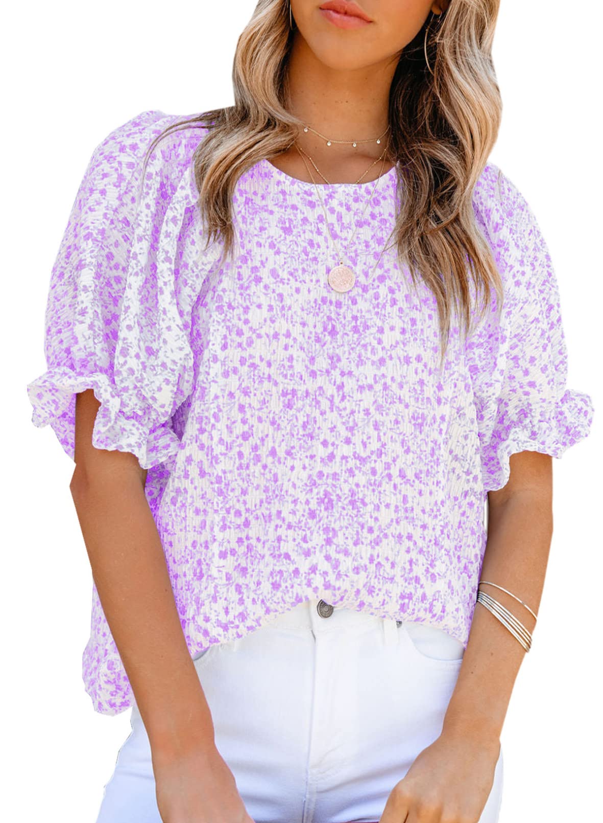 Dokotoo Floral Print Blouses for Women Crewneck Smocked Puff Sleeve Shirts Casual Babydoll Tops