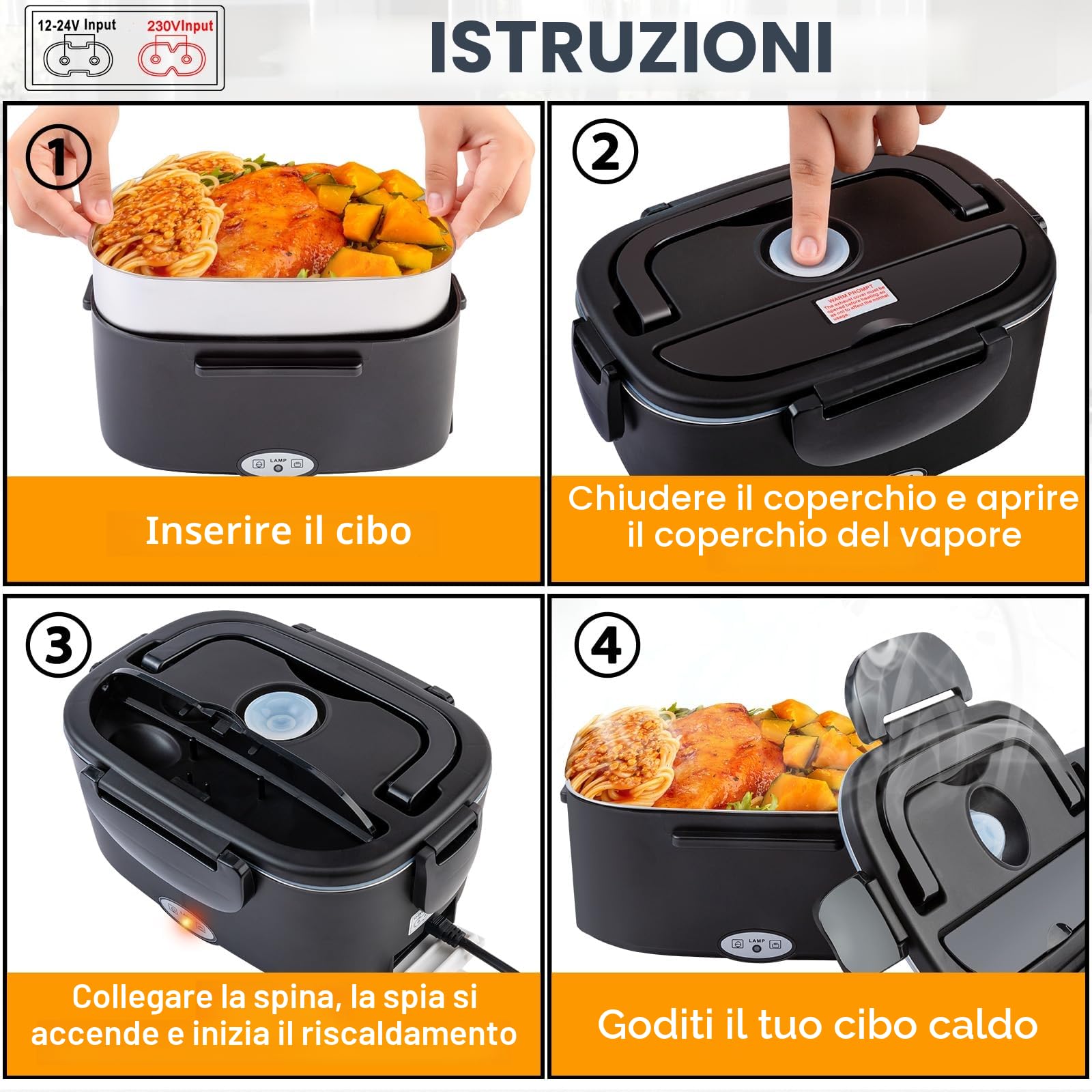 Nifogo Scaldavivande Elettrico 100W Lunch Box Elettrica 3 in 1 Contenitore Portavivande 1,5L l'ufficio, casa, Auto, Camion 12V 24V e 230V con Grigio Borsa isolante e Set di Posate(Nero)