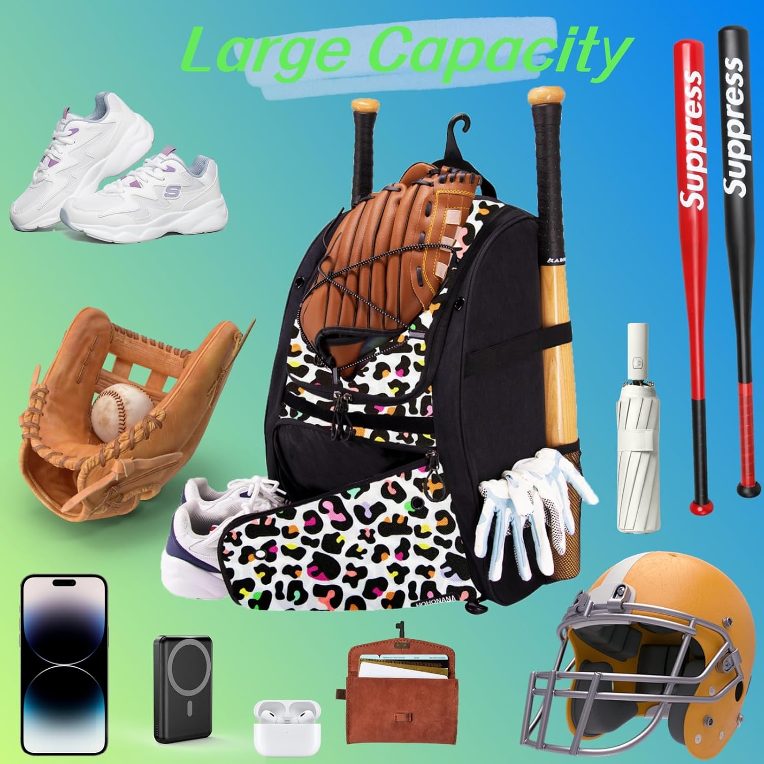 Youth Softball Equipment Bag with Vented Shoe Compartment, Baseball Bat Bag, Fence Hook, for Batting Mitten, Helmet, Teeball Gear, Adult Boys Girls Kids