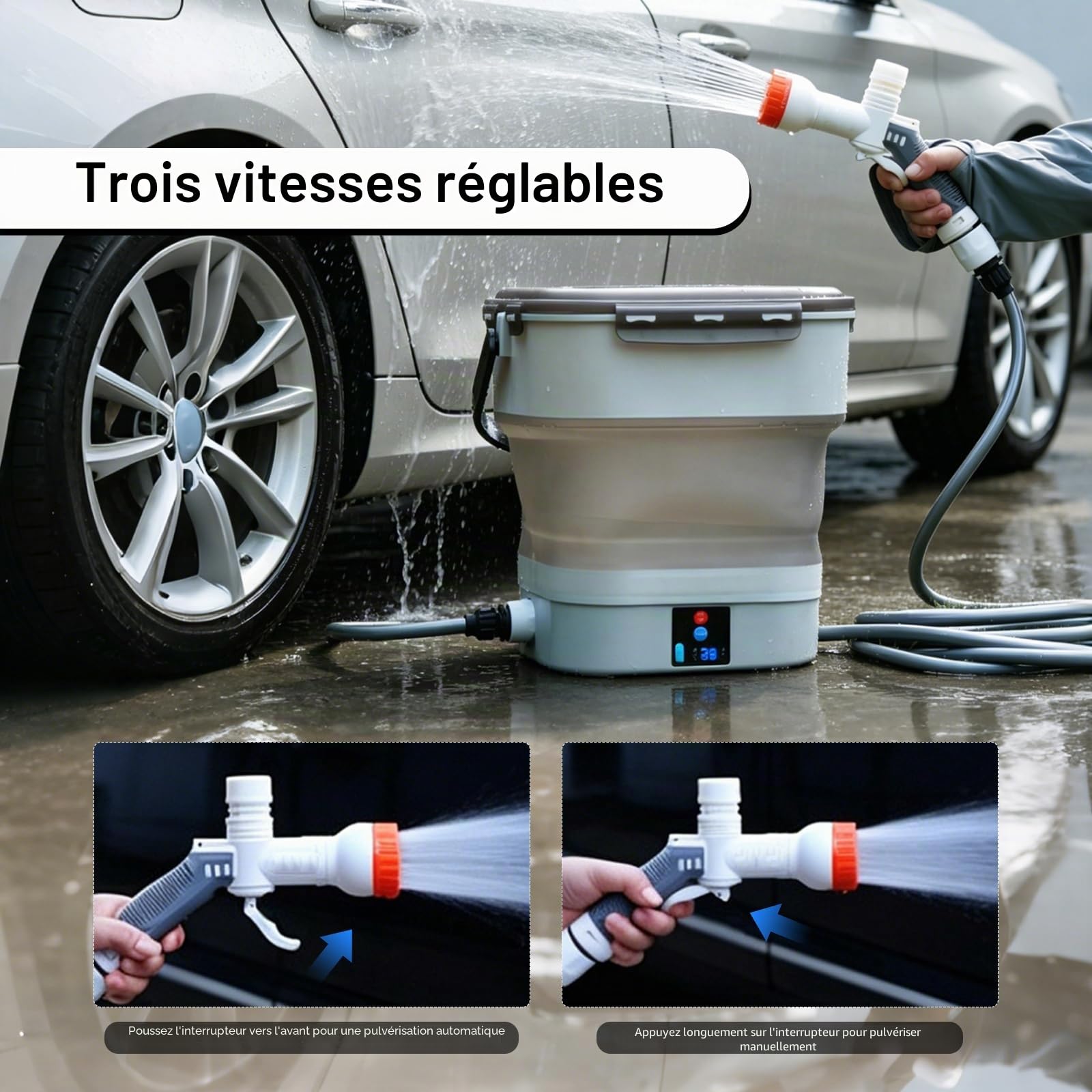 Nettoyeur Haute Pression Portable, Nettoyeur Extérieur Mobile Pliable avec Buse 5 en 1, Réservoir d'eau : 12L, Pulvérisateur à Pression électrique Multifonction pour Douche de Camping