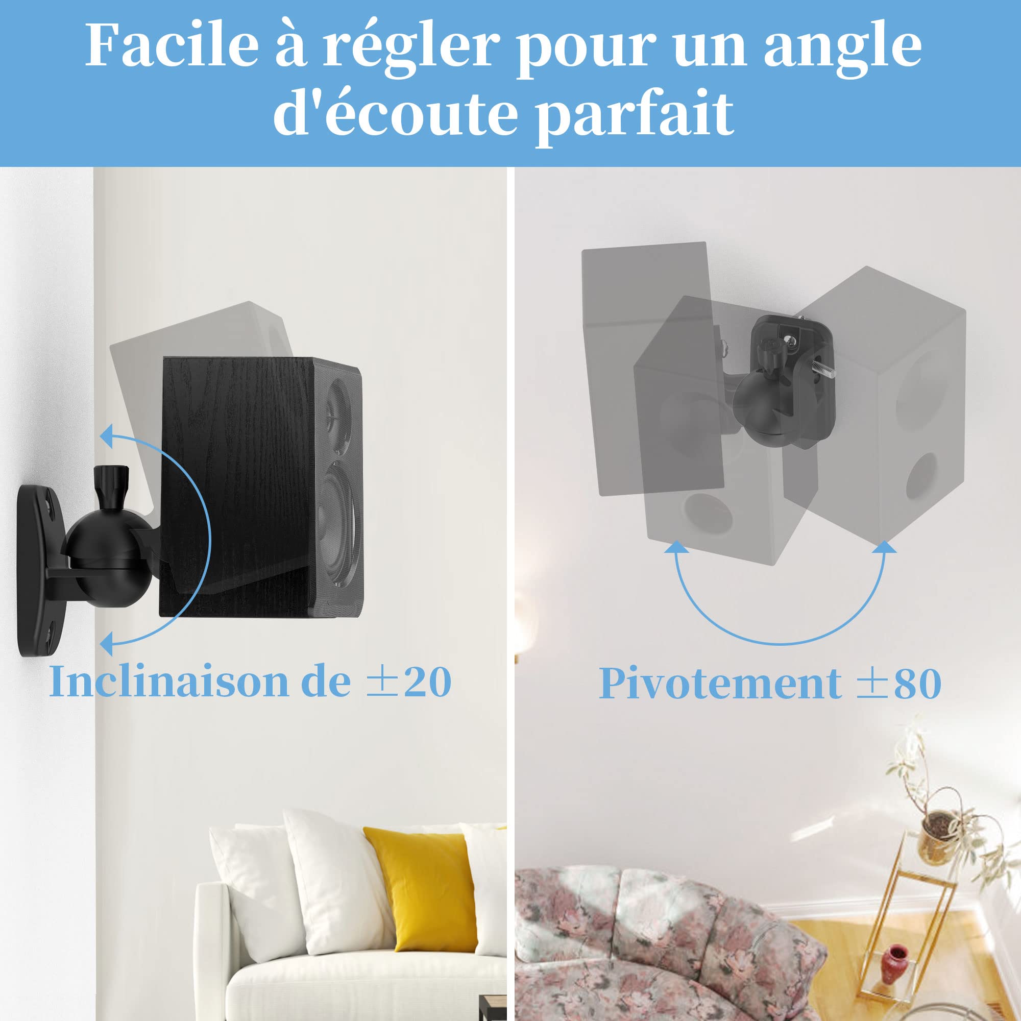 Cozycase Universel Support Mural pour Enceintes 2 pièces Rotation + Inclinaison Ajustable jusqu'à 3,5 kg, avec 3 Types de vis (Noir)