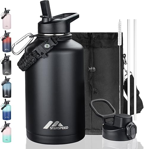 StarSpeed Botella de agua aislada de 64 onzas con pajitas y 2 tapas, jarra de agua de doble pared de acero inoxidable de medio galón, boca ancha