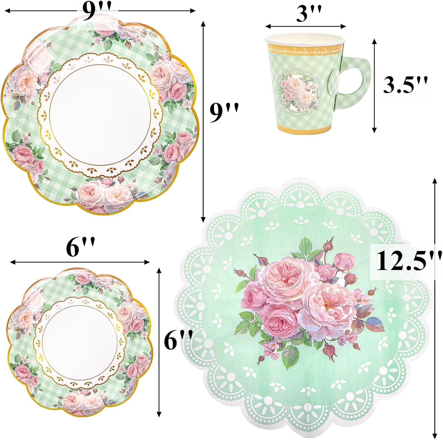 Tebery 204 Pcs Floral Tea Cups and Saucers Set, Disposable Paper Tea Cup with Handle Saucer Plate Napkin, Tea Party Supplies Set for Tea Party Decorations Birthday Wedding Bridal Shower