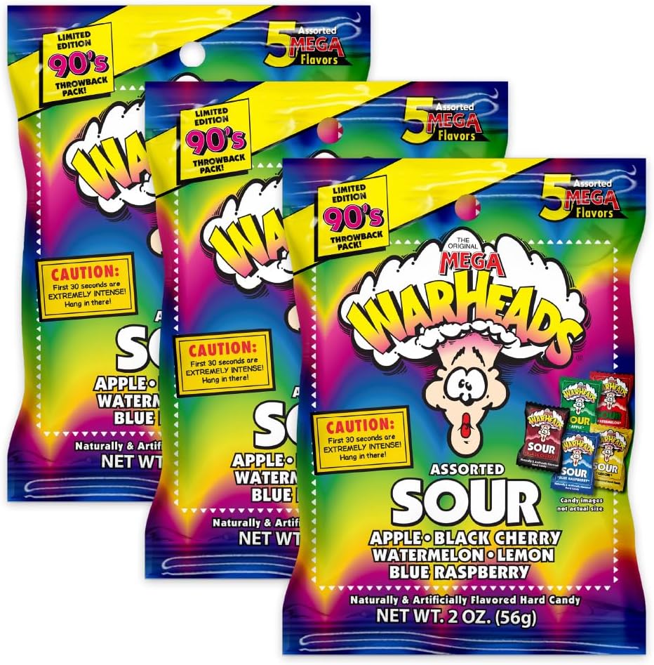 Extreme Sour Hard Candy - Assorted Flavors - Sour Apple, Black Cherry, Blue Raspberry, Lemon & Watermelon Flavors - 2 oz. Bags - 3 Pack