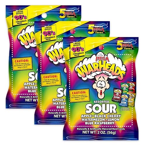 WARHEADS - Dulces Duros Extremadamente Ácidos - Sabores Surtidos - Sabores de Manzana Ácida, Cereza Negra, Frambuesa Azul, Limón y Sandía - Bolsas