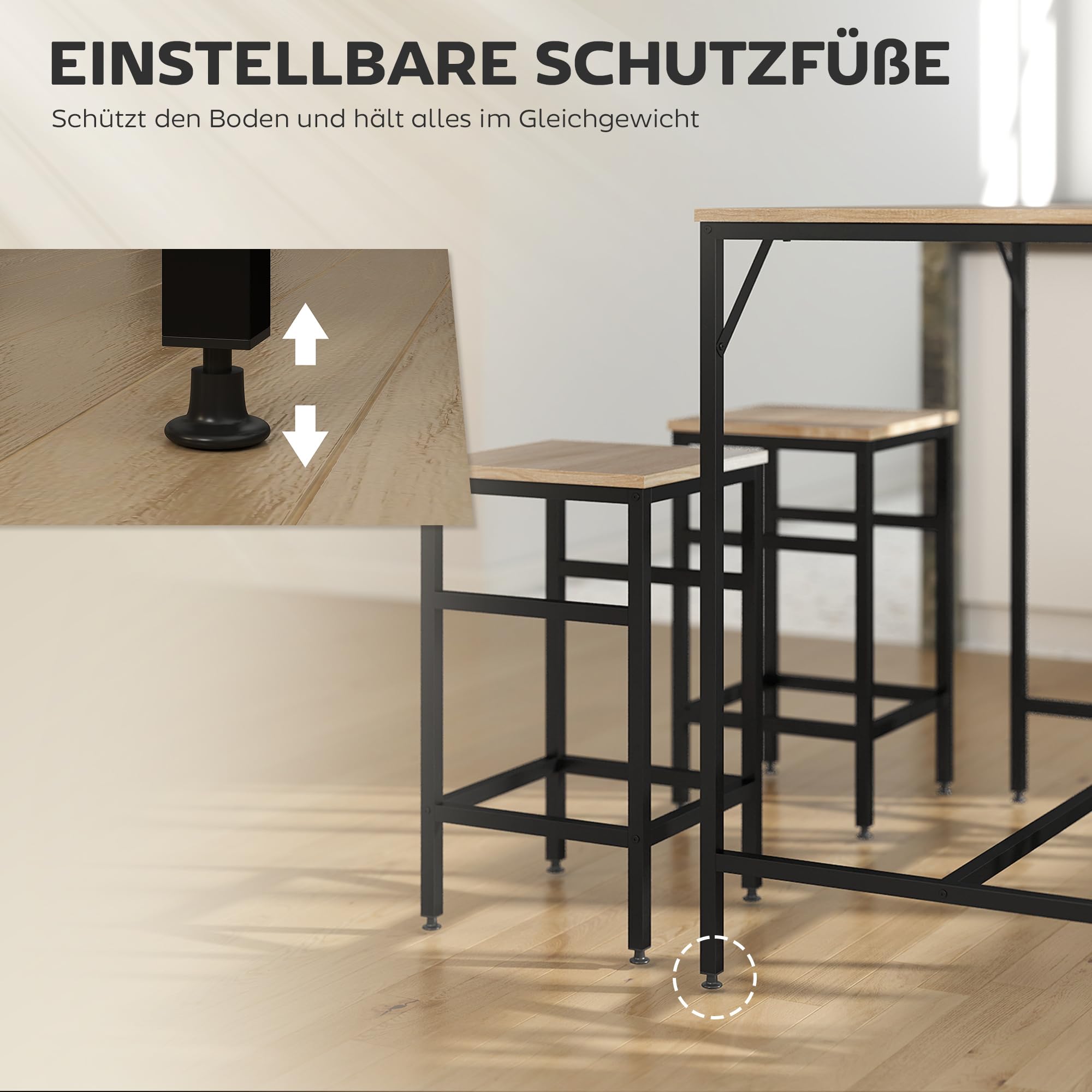 HOMCOM 5-teiliges Bartisch Set Bartisch mit Barhocker-Set Esstisch mit 4 Stühlen Küchentisch für Esszimmer, Küche, Eiche+Schwarz