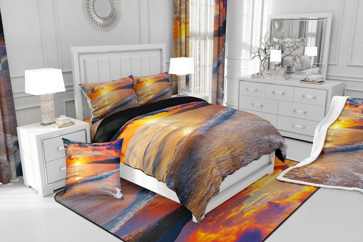 Erosebridal Sunset Duvet Cover Blue Ocean Bedding Set Queen Size Hawaii Beach Comforter Cover Set for Boys Girls Youth,Sea Wave Bed Set Afterglow Scenery Bedroom Decor，Yellow Orange Purple Red