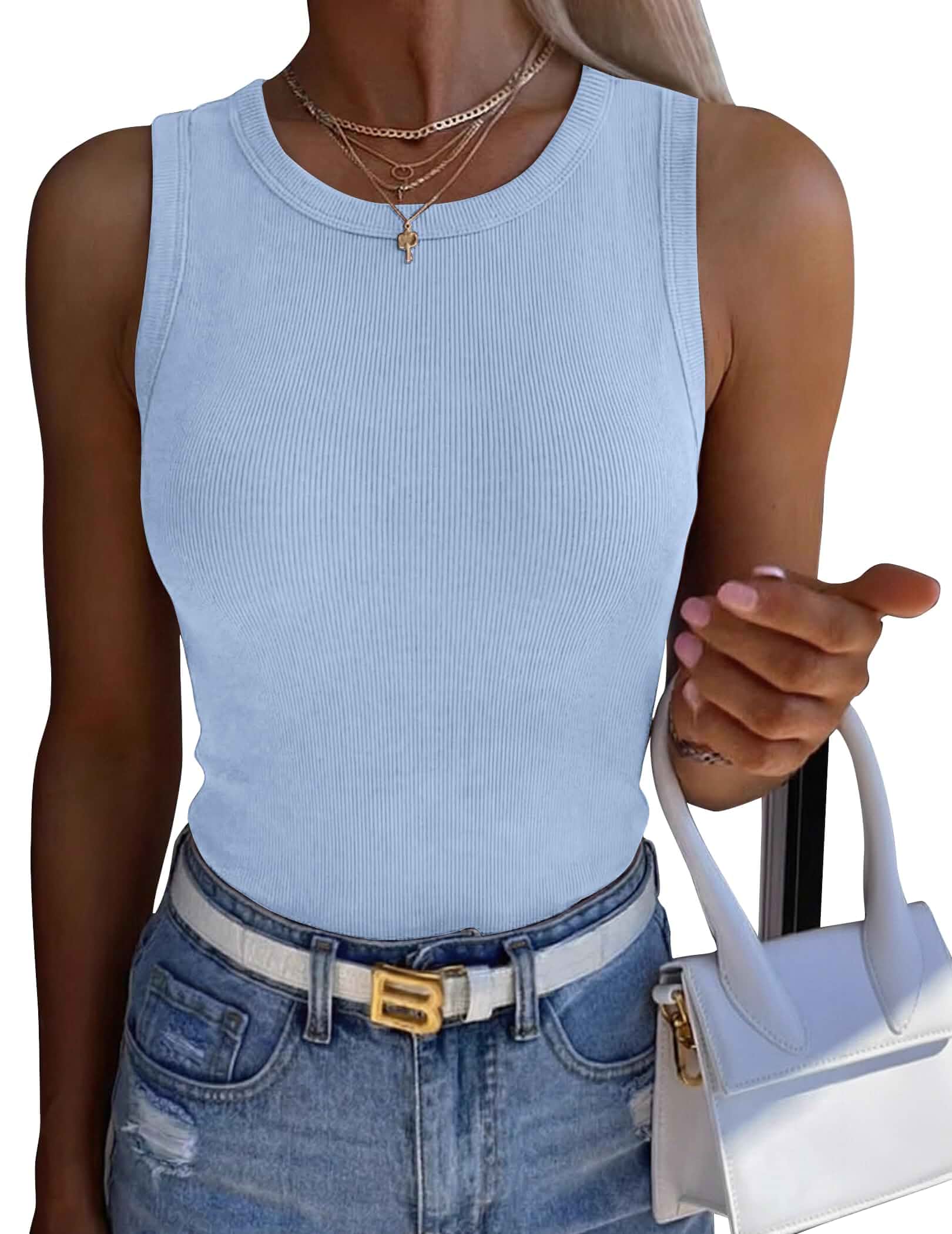Zeagoo Womens Sleeveless Crewneck Ribbed Tank Tops Casual Basic Summer Top Cute Going Out Shirts, Slim Fitted Women Tops, Racerback Top Shirt Clothes, Dressy Casual Fashion Clothing