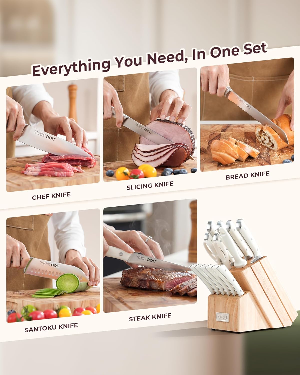 OOU 2026 Master Line 15-Piece German High Carbon Steel Knife Set - Professional Sharp Chef Knife with FSC Wooden Block - Ergonomic Handle Kitchen Knife Set with Steak Knives & Sharpener