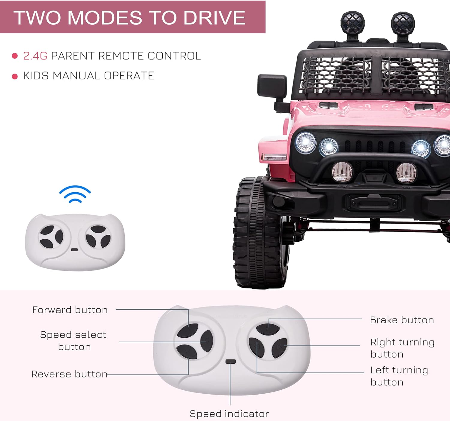 Aosom 12V Kids Ride On Truck with Parent Remote Control, Battery Powered Electric Car with Spring Suspension, Adjustable Speed, LED Lights and Horn, Pink