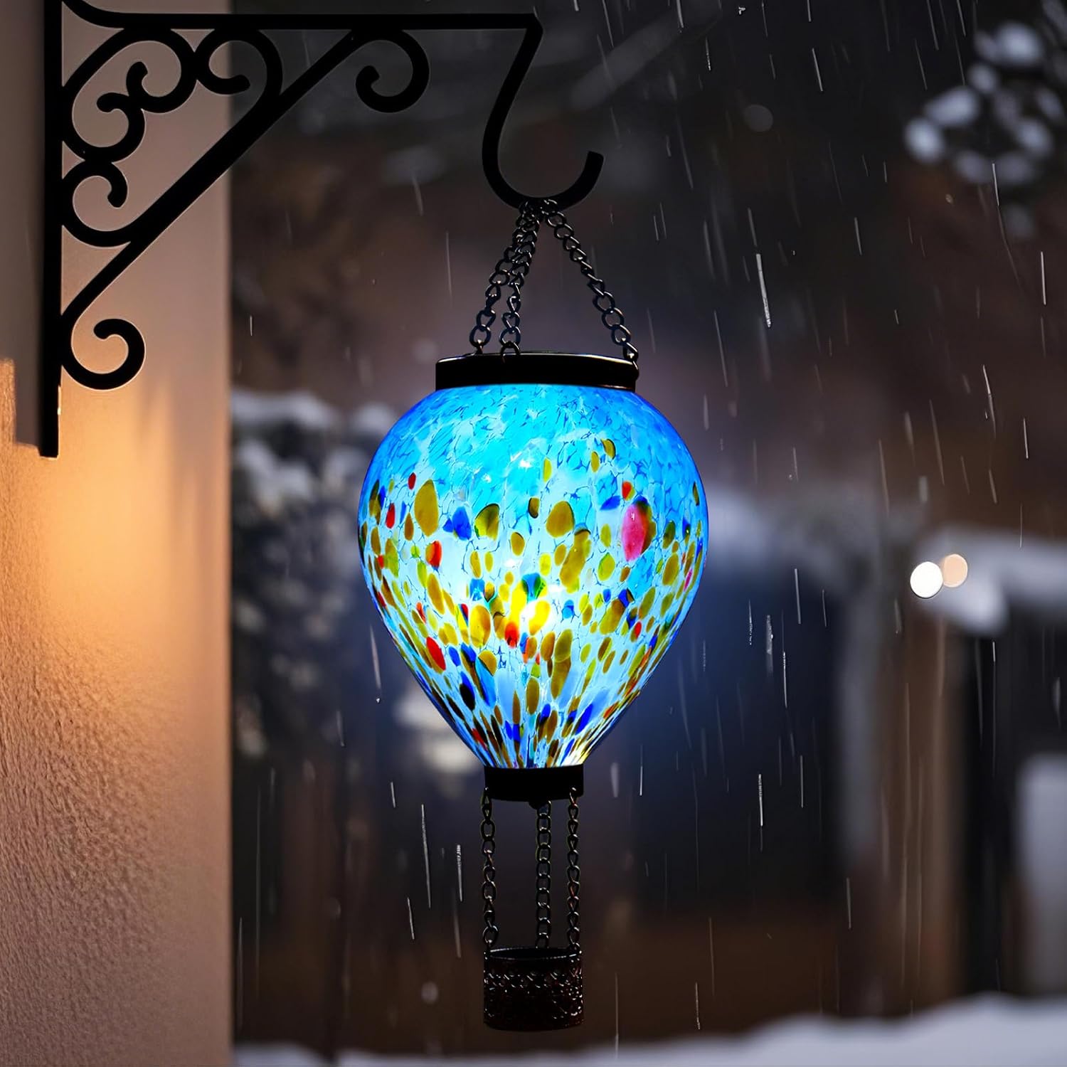VOREEN Solar Hot Air Balloon Glass Lantern – Hand Blown Multicolor Glass Outdoor Hanging Light, IP44 Waterproof LED, Garden Patio Decoration Gift for Mom Wife Friend, Backyard Night Lighting Decor