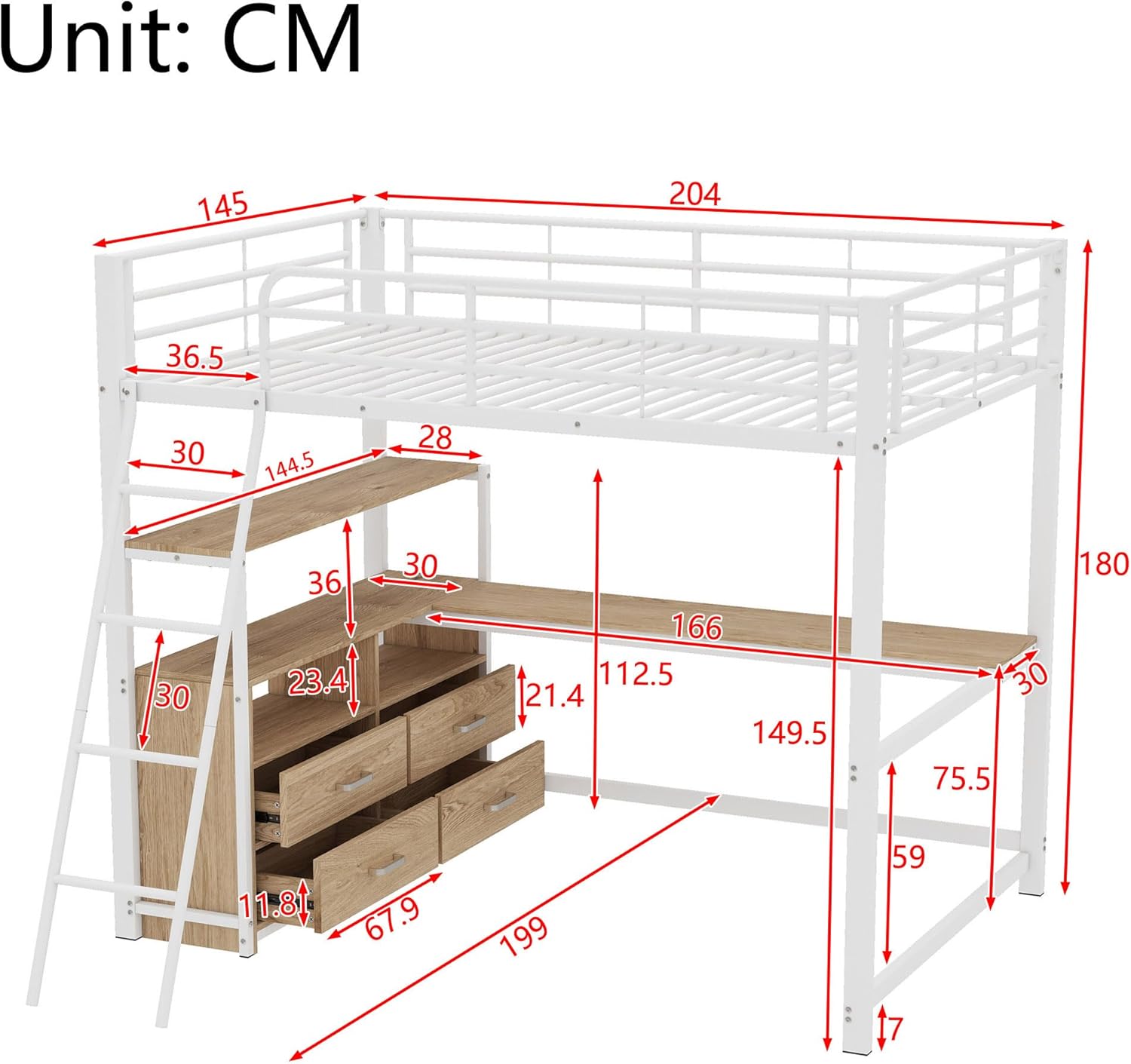 Moimhear Loft Bed detailed dimensions diagram