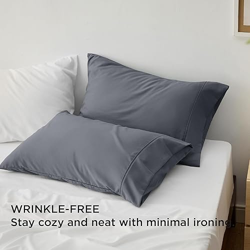 Miniatura 4 de Bedsure Juego de 2 fundas de almohada refrescantes tamaño Queen, poliéster y rayón derivado de bambú, color gris oscuro, transpirables, suaves y sin