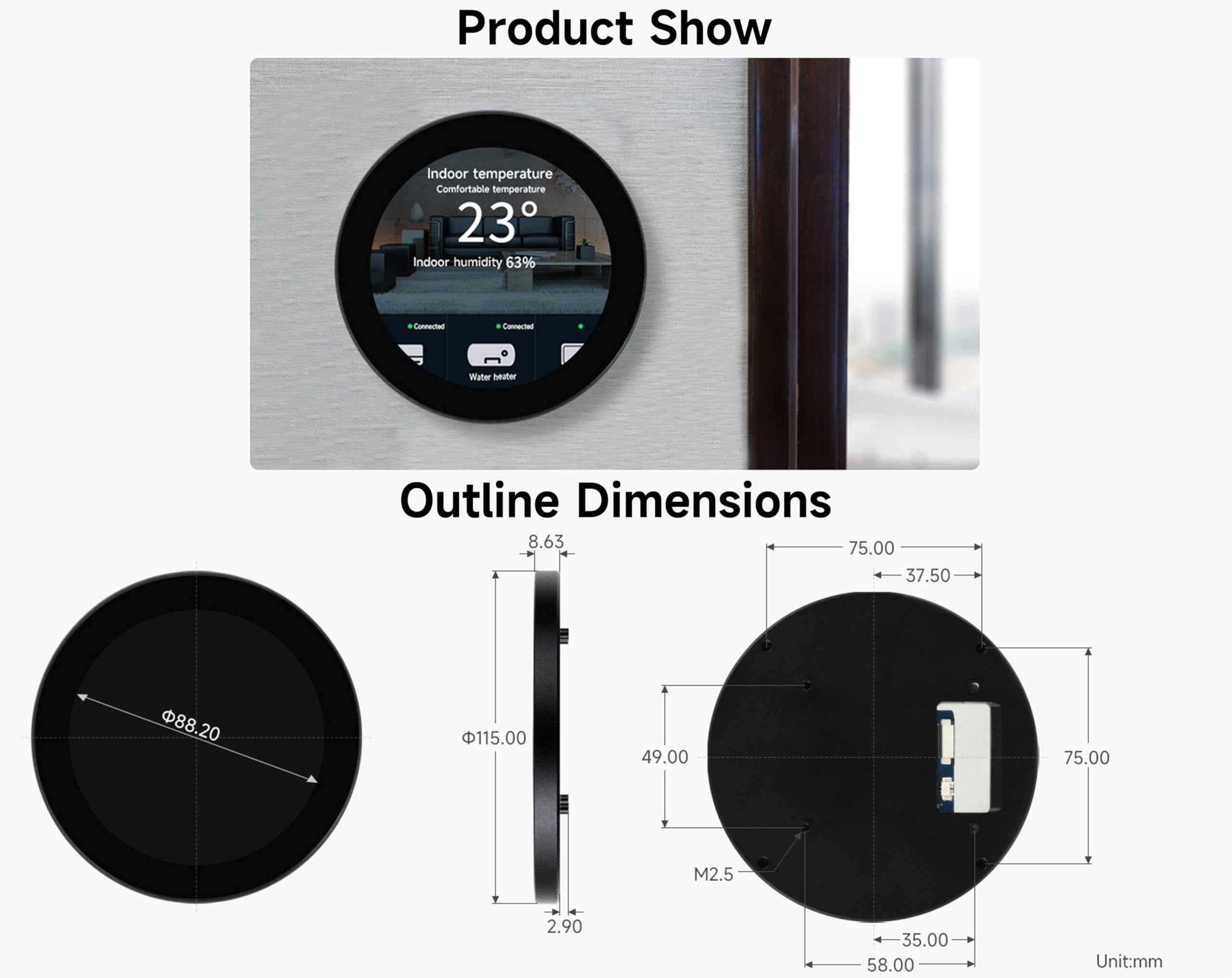 3.4inch DSI Round Capacitive Touch Display, 800 × 800 Resolution, IPS Display Panel, 10-Point Touch/Adjustable Brightness Via Software/Support Touch Screen Customization