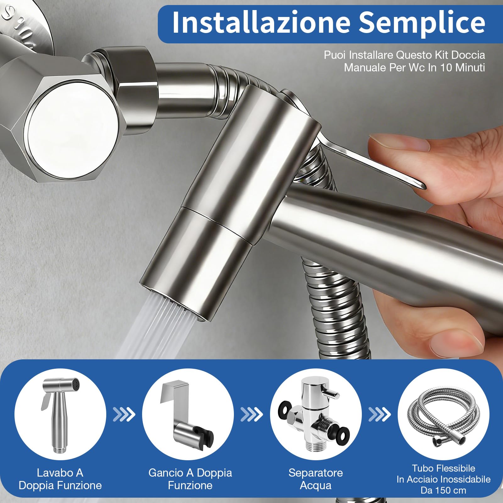 Set Doccetta per Bidet, Idroscopino per WC con Tubo Flessibile da 1,5m, Supporto & Adattatore, Facile da Installare (Argento)