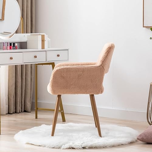 Miniatura 5 de KCC Silla de escritorio peluda, silla de piel sintética moderna de mediados de siglo para niñas adolescentes, cómodo sillón con patas de metal