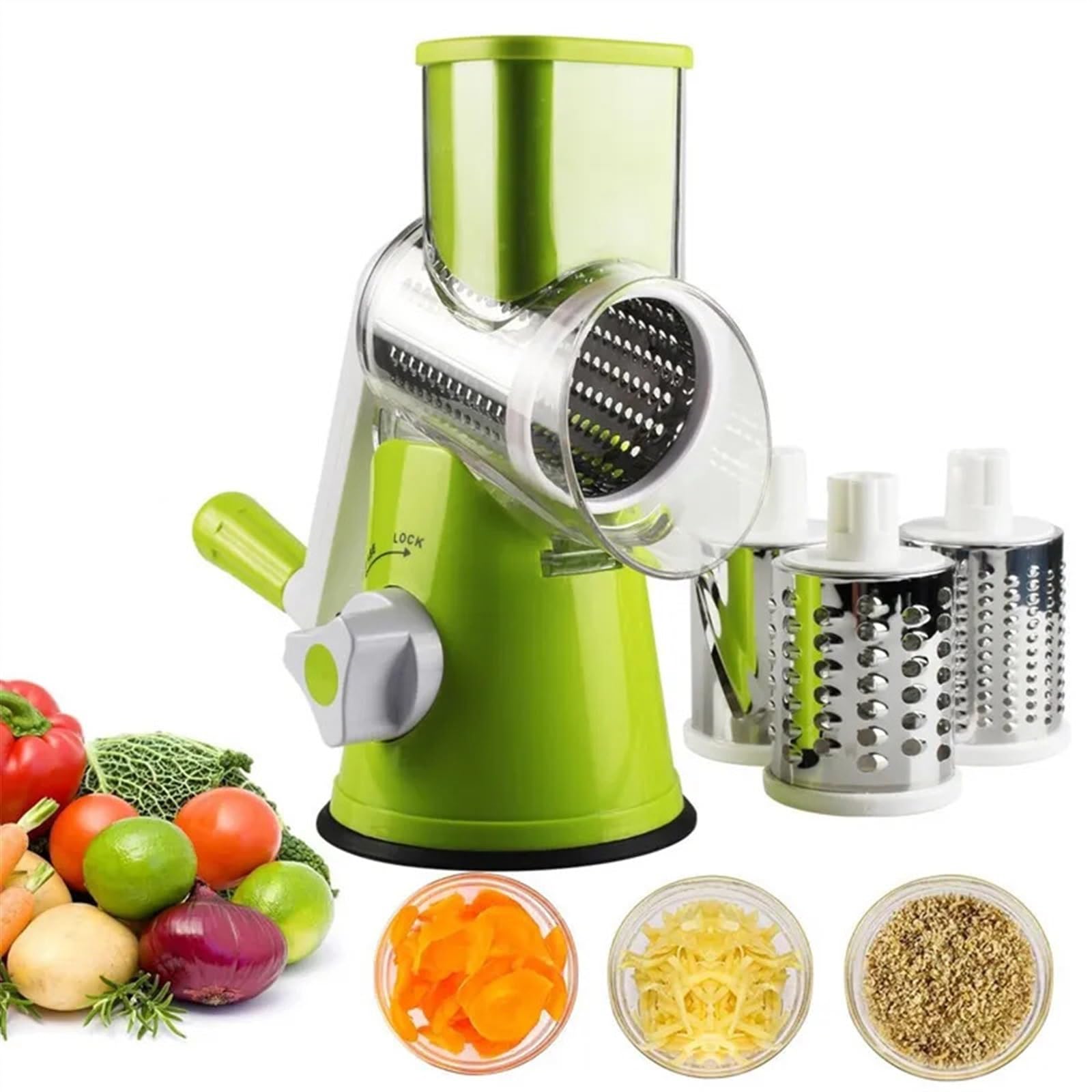 grattugia Mela Affettatrice rotativa Manuale for Verdure da Cucina, grattugia for Formaggio, Tritatutto con 3 Tamburi affilati in Acciaio Inossidabile (Color : Green)