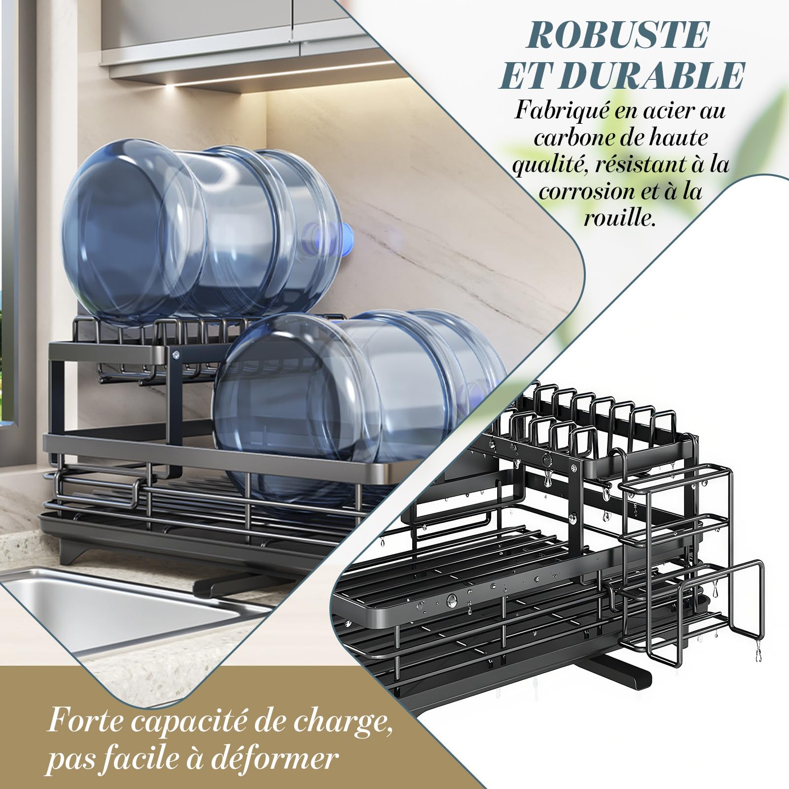 ZYNERY Grande Capacité Égouttoir à Vaisselle Noir, Egouttoir Vaisselle 2 Niveaux avec Plateau d'égouttage, Drainage Automatique Rangement Vaisselle Cuisine pour Comptoir de Cuisine