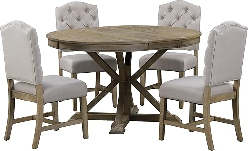 Miniatura 7 de Merax Juego de comedor retro de 5 piezas con mesa extensible y 4 sillas tapizadas muebles funcionales de cocina familiar lavado de madera natural