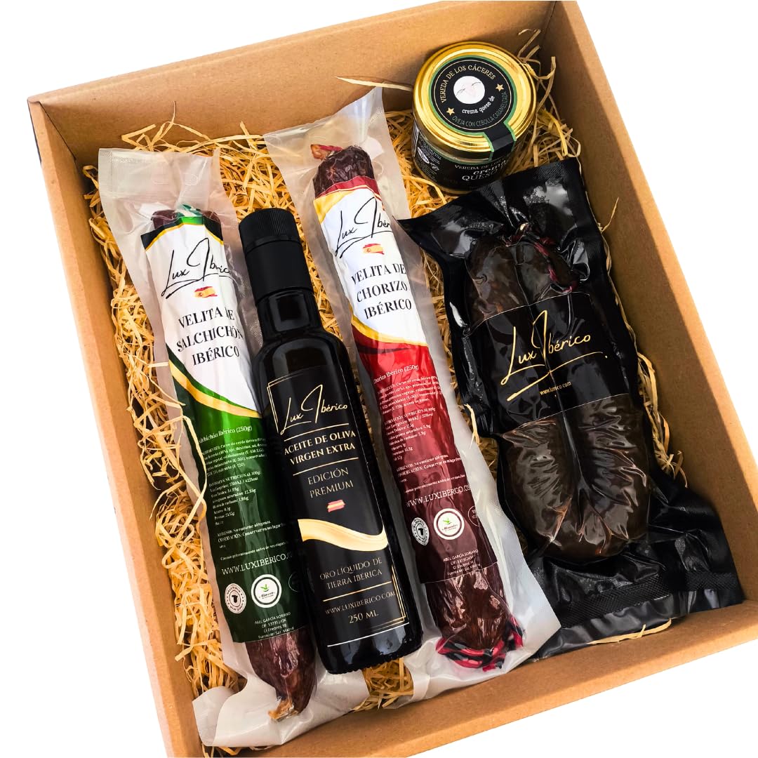 LUX IBÉRICO - Lote "Norbensis" - Embutido, Morcilla Picante y Aceite | Velitas de chorizo y salchichón ibérico, achorizada picante, crema de queso y aceite de oliva virgen extra. Para regalar.