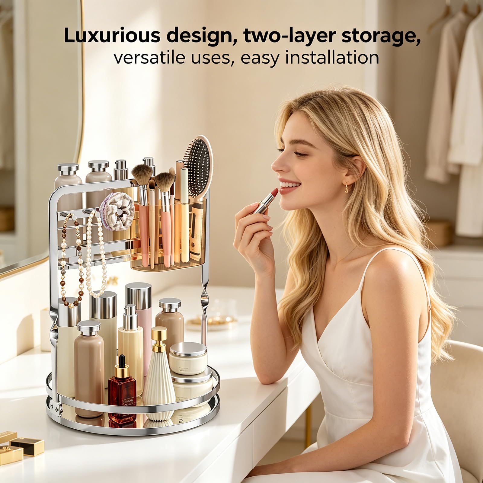 Rangement cosmétique rotatif à degrés avec conception à double couche et crochets à bijoux pour pinceaux de maquillage, produits de soins de la peau, rangement d ' accessoires de maquillage