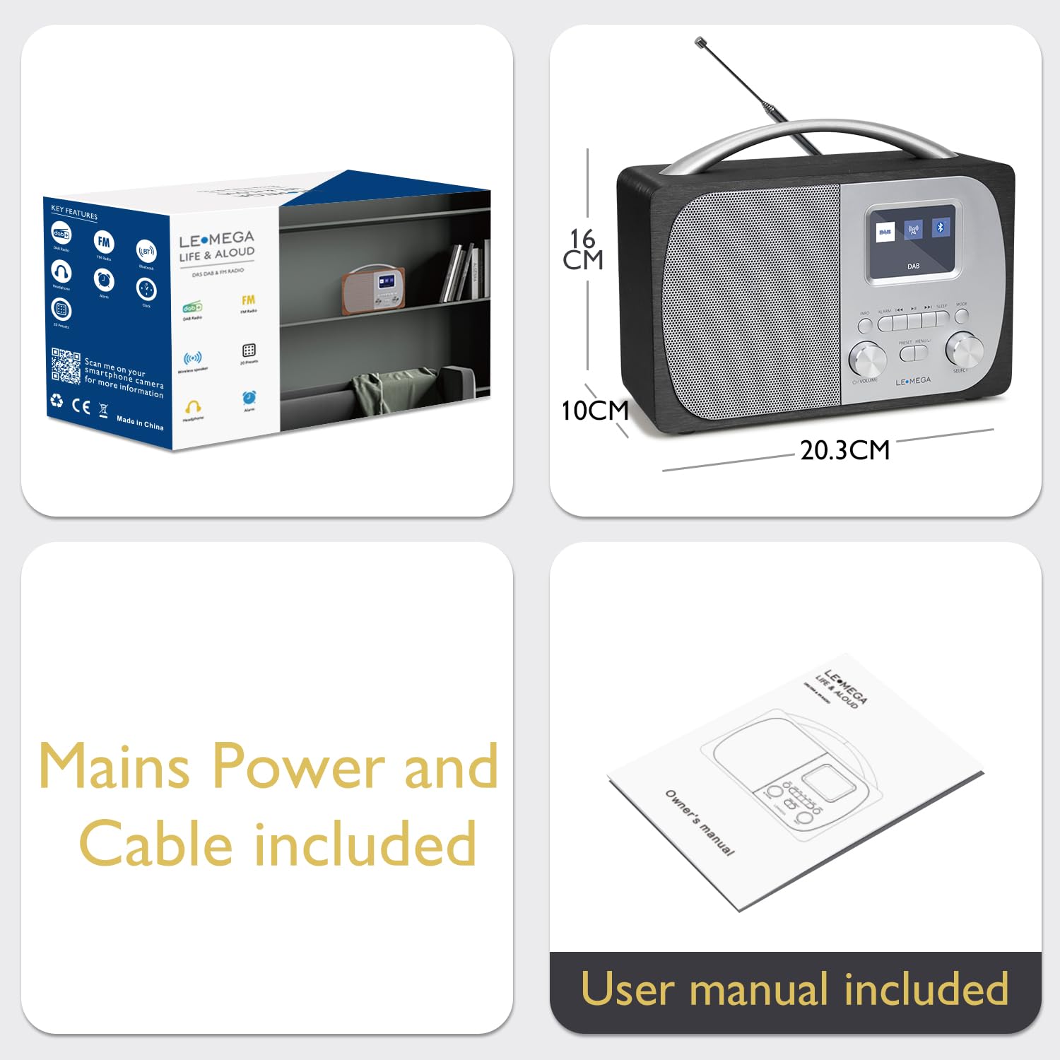 LEMEGA DR5 Radio Portatile DAB/DAB+/FM,Radiosveglia Digitale con Bluetooth,Alimentazione a Rete o a Batterie,Radio Sveglia da Comodino o Cucina con Stazioni Memorizzate,Legno e Finitura Metallica