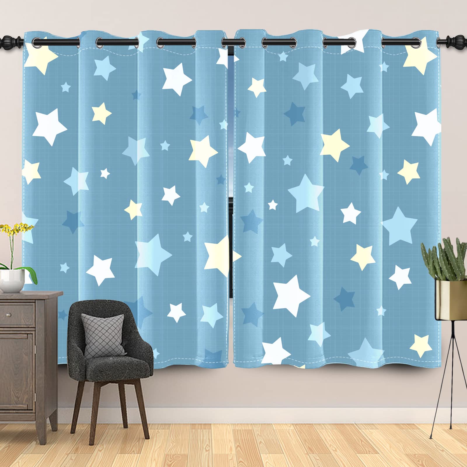 107x160cm Rideau à œillets Ciel de Dessin animé Ciel Bleu Étoiles colorées Chambre de bébé Occultant Œillets Rideaux de fenêtre pour Chambre d'enfant Salon Salle à Manger,2 Panneau