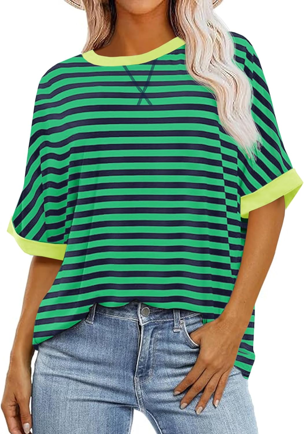 Tankaneo Womens Oversized Striped Tee Shirt Summer Casual Color Block Half Sleeve Crew Neck Tunic Tops Small Green
