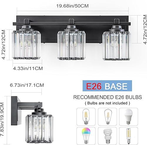 Miniatura 3 de Lámpara de baño de cristal, 3 luces negras claras sobre espejo con pantallas de cristal, moderna lámpara de tocador de baño para baño, baño, armario