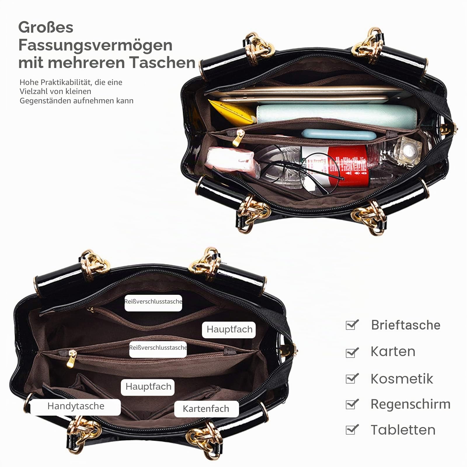 NICOLE & DORIS Lackleder Handtasche Damen Umhängetaschen Elegante Schultertasche Frauen Shopper großer Kapazität Henkeltasche mit Stickerei