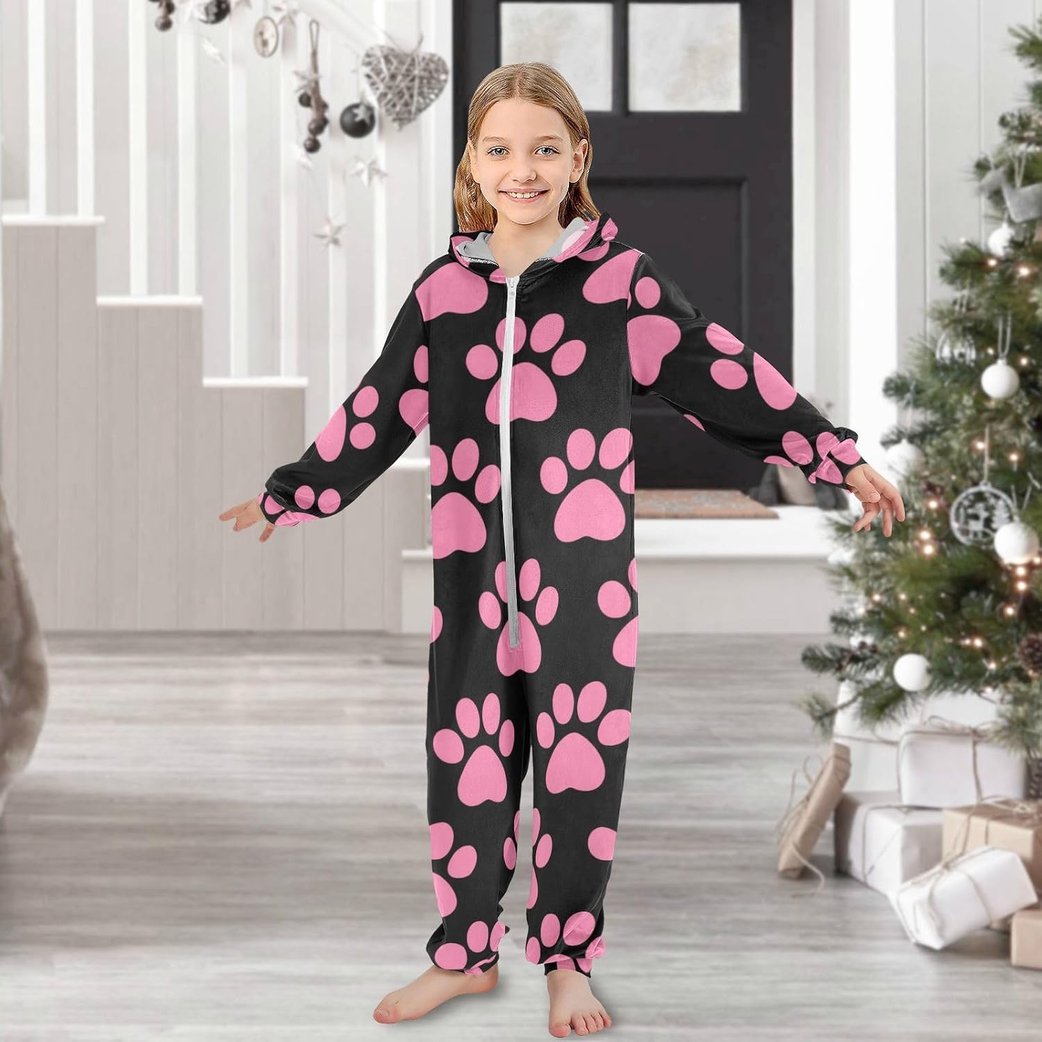 Cute Pink Paw PrintsUnisex PajamaCute Soft Hooded Christmas Costumefor Christmas Home