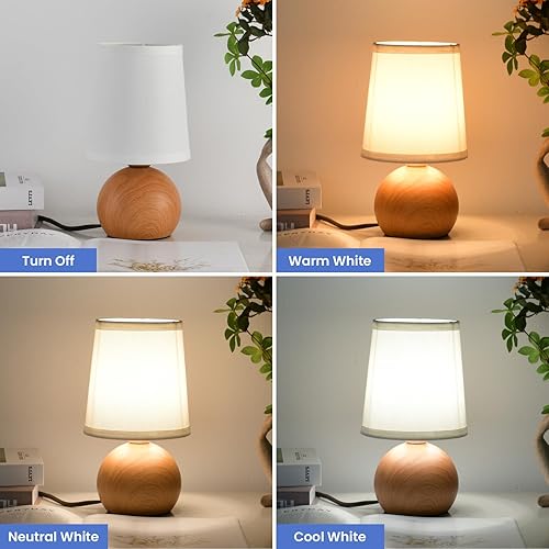 Miniatura 4 de Moderna lámpara de mesita de noche, pequeña lámpara de mesita de noche, lámpara de noche para dormitorio con pantalla de tela y acabado de madera,