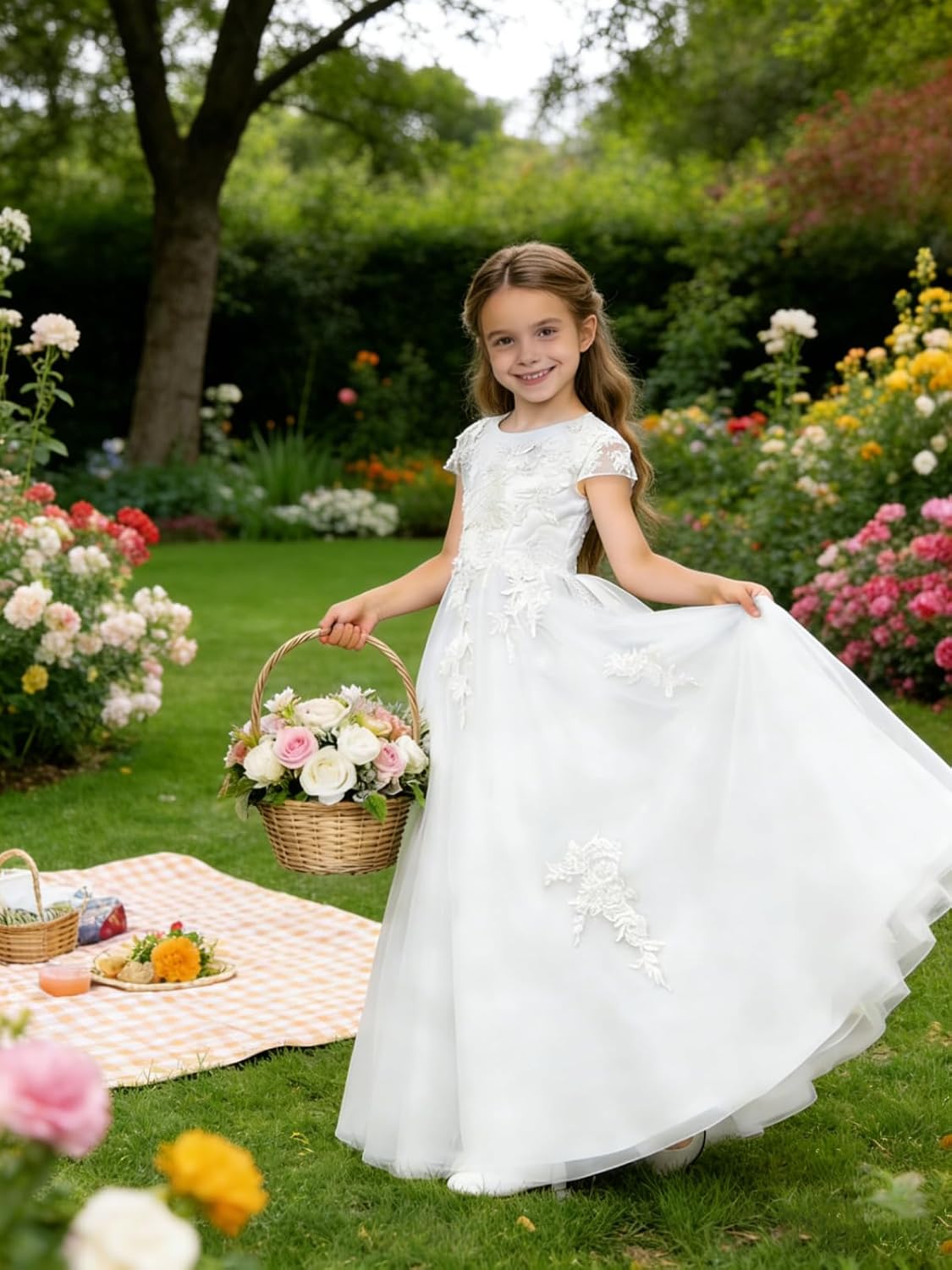 Tulle Flower Girl Dress Cap Sleeve Lace Appliques Long A-Line Junior Bridesmaid Formal Pageant Princess Gown 2776
