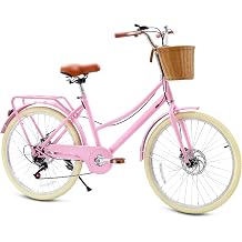 DEYGIA Kids Bike, Retro Cruiser Bike for Girls, 20 24 Inch 7-Speed Kids Bicycles for Ages 6-14 Girls Youth with Rattan Basket, Dual-Disc Brake Carbon Steel Frame Lightweight Bicycle, Multiple Colors