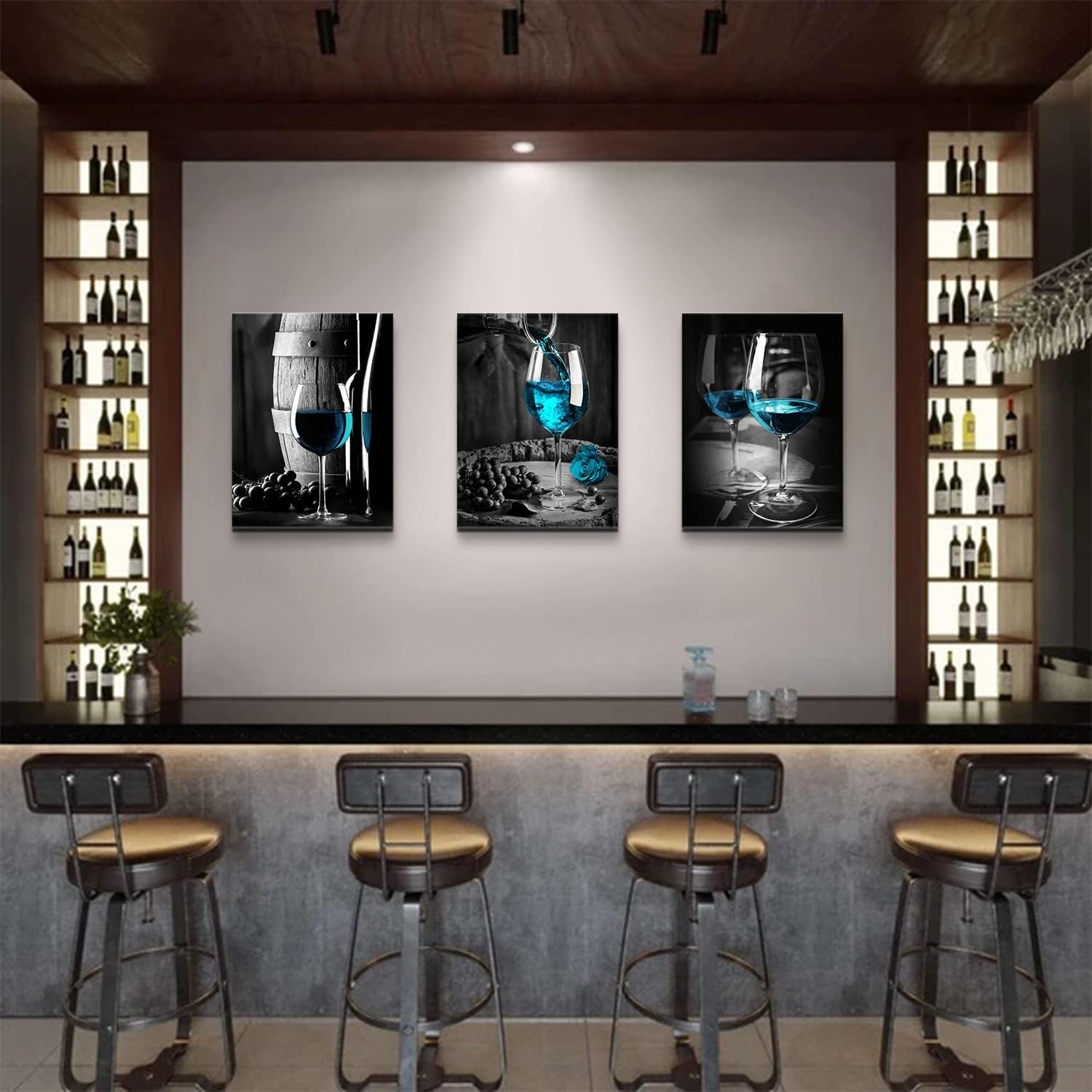 Turquoise Wine Wall Art for Kitchen Teal Wall Decor Living Room Gray and Black Wine Glass Canvas Pictures Dining Room Art Wall Decor Casks Posters Family Bar Modern Home Decorations 12x16" 3 Piece/Set